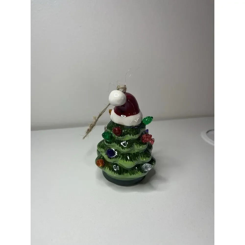 Green Ceramic Christmas Tree Light Up Ornament Santa Hat Working! VTG Xmas